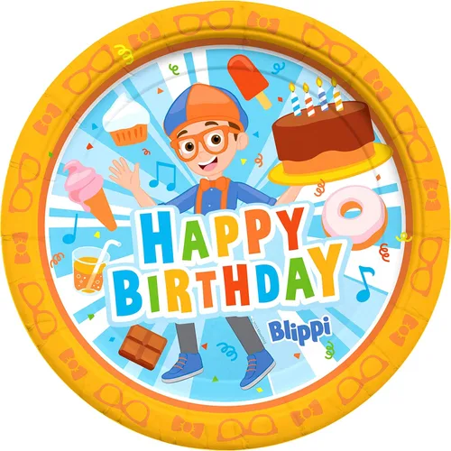 Treasures Gifted Decoraciones de cumpleaños con licencia oficial de Blippi, platos llanos de 9 pulgadas, 8 unidades, suministros de fiesta Blippi,
