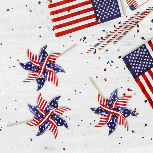 Miniatura 6 de HOOSUN 12 piezas de molinillos patrióticos con bandera americana para patio y jardín, molinillos rojos blancos y azules decorativos patrióticos