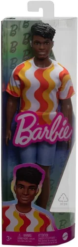 Miniatura 6 de Muñeco Barbie Fashionistas Ken #220 con audífonos detrás de la oreja y cuerpo ancho usando una camisa de patrón naranja removible, pantalones cortos
