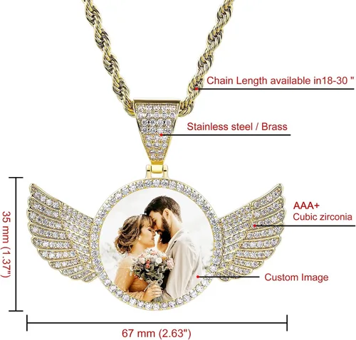 Miniatura 5 de INBLUE Collar personalizado de hip hop con foto de memoria, texto grabado personalizado para hombres y mujeres, ala de ángel helada de cobre, dije