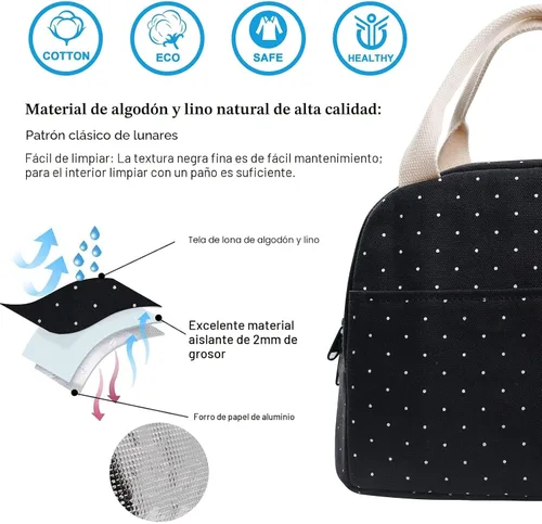 Miniatura 3 de EurCross Bolsa de almuerzo negra compacta mejorada para niñas y mujeres, de lona, reutilizable, aislada, con lunares, bolsa de almuerzo