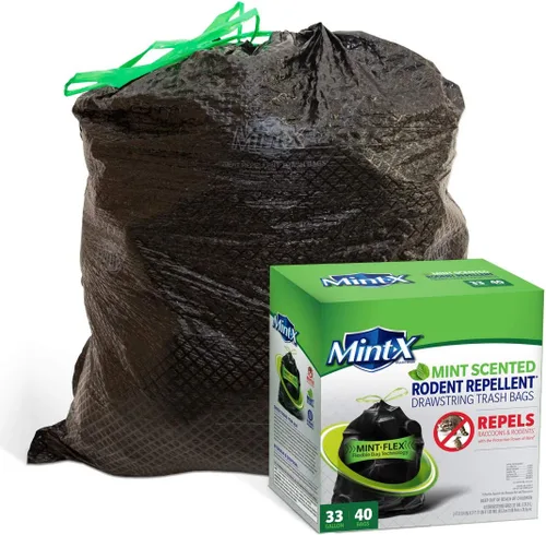 Mint-X Repelente de roedores, bolsas de basura para exteriores e industriales con cordón y tecnología Mint-Flex; 33 galones, 40 unidades, color negro