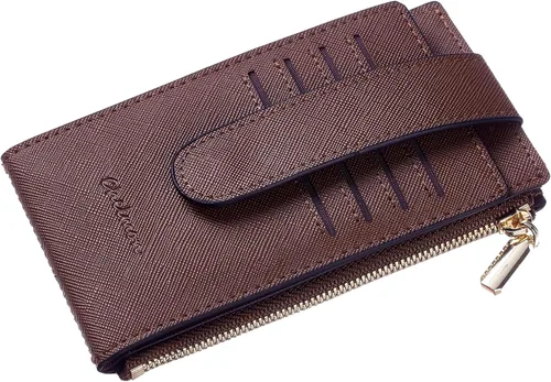 Miniatura 5 de Chelmon Billetera delgada para mujer, con bloqueo RFID, plegable, con bolsillo con cremallera, Marrón intenso, Minimalista