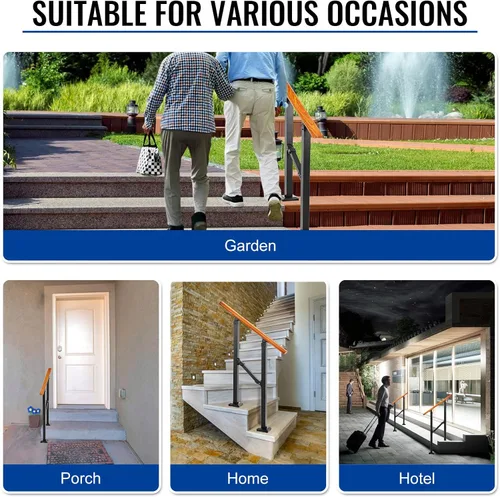 Miniatura 7 de Kit de pasamanos de escalera al aire libre UOKRR, pasamanos de hierro con grano de madera para interior, se adapta a 1-2 escalones
