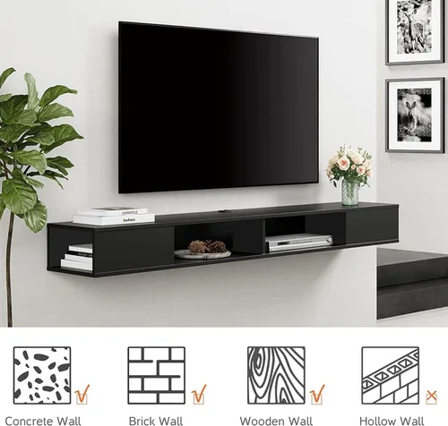 Miniatura 7 de WAMPAT Soporte de TV flotante negro de 70 pulgadas, centro de entretenimiento de montaje en pared para TV de 75 pulgadas, consola multimedia