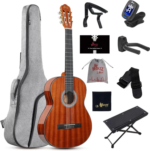 Miniatura 9 de WINZZ Guitarra clásica 4/4, guitarra de cuerda de nailon de tamaño completo de 39 pulgadas para adultos principiantes, kit completo de guitarra