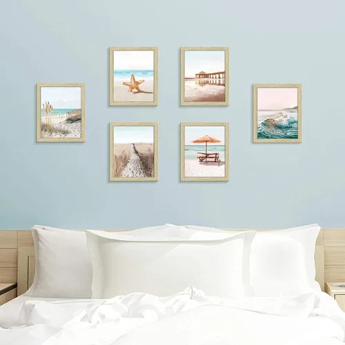Miniatura 5 de Juego de 6 impresiones costeras para pared, diseño estético junto al mar, estrellas de mar, arena, paseo marítimo, olas del océano, pósteres