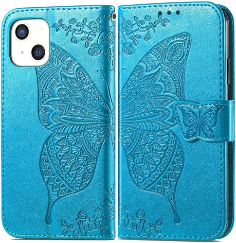 Miniatura 2 de Funda tipo cartera para iPhone 13 para mujeres, diseño plegable tipo folio con mariposa en relieve, cuero PU con soporte, ranuras para tarjetas