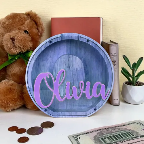 Miniatura 6 de callie Hucha personalizada con múltiples fuentes con texto multicolor grabado, caja de dinero personalizada de madera con inicial para niños
