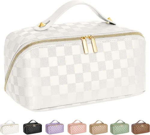 Miniatura 23 de Bolsa de cosméticos de viaje de gran capacidad - Bolsas de maquillaje portátiles para mujeres, impermeable, de cuero PU a cuadros, con organizador