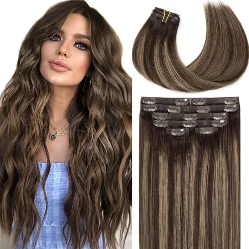 Miniatura 58 de Loxxy Extensiones de cabello humano con clip, sin costuras, 22 pulgadas, color marrón oscuro a castaño oscuro y marrón oscuro, 7 piezas