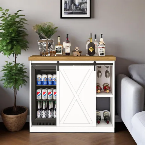 JassmiPkwy Gabinete de barra de café con espacio para refrigerador, gabinete de vino de granja con estante, toma de corriente para cocina, comedor,
