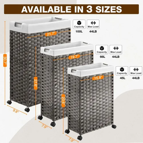 Miniatura 8 de GREENSTELL - Cesta de ropa con ruedas, 45 l (11.9 galones), cesto pequeño de ratán para ropa con 2 bolsas extraíbles y 2 bolsas de malla, cesto