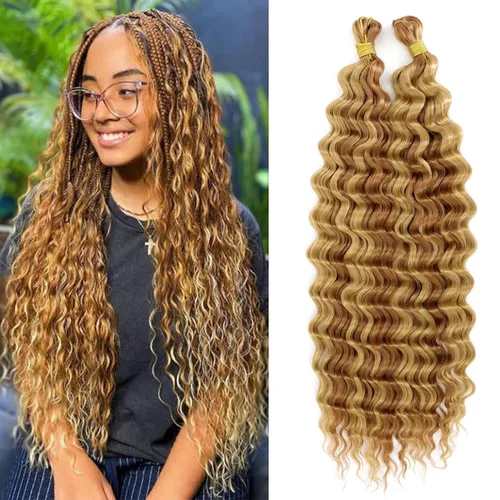 Miniatura 53 de Mezcla de cabello humano trenzado sintético bohemio para trenzar, 16 pulgadas de onda profunda a granel para trenzas bohemias, 2 piezas de cabello 1b