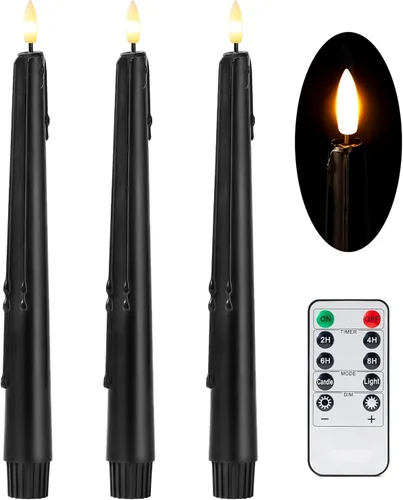 Stmarry - Velas cónicas sin llama negras con control remoto y temporizador - Velas LED de cera real de 9.65 pulgadas - Velas cónicas de cera para