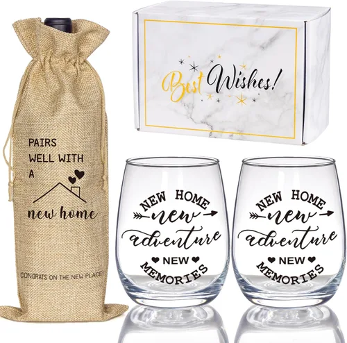 Regalos de inauguración de la casa, cestas de inauguración de la casa, juego de copas de vino sin tallo y bolsa para botellas para parejas recién