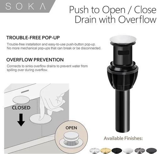 Miniatura 9 de SOKA Grifo de baño central de dos asas para fregadero de acero inoxidable de arco alto con placa de cubierta y montaje de drenaje desplegable