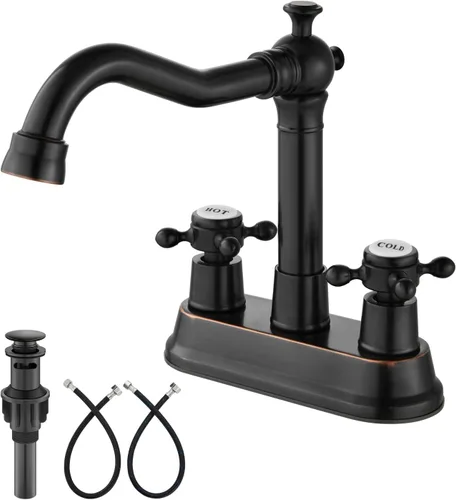 Miniatura 20 de Aolemi Juego central de 4 pulgadas, grifo vintage para lavabo de baño, 2 manijas cruzadas, lavabo para lavabo, 3 agujeros, incluye mangueras, grifo