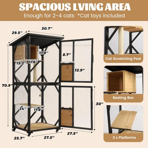 Miniatura 3 de MAGIC UNION Catio de 71 pulgadas de acceso a la ventana para gatos al aire libre, 4 niveles para gatos con ruedas, caja de descanso y techo