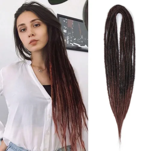 Miniatura 33 de Extensiones de rastas trenzadas bohemias de 24 pulgadas, 10 hebras de rastas sintéticas rizadas color marrón degradado con trenza de caja, rastas