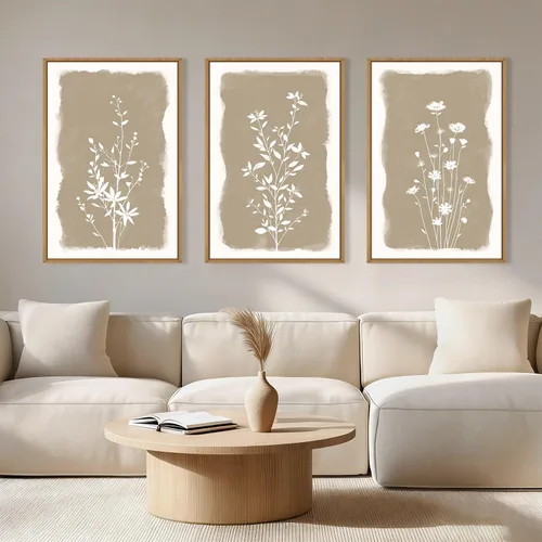Miniatura 57 de Aryroi Juego de arte de pared en lienzo abstracto grande con marco floral, estilo bohemio, retro, neutro, flores silvestres, arte botánico de flores