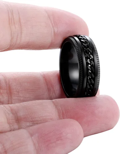 Miniatura 3 de FIBO STEEL - Anillos de acero inoxidable de 8mm para hombres, anillos con cadena incrustada y borde con textura, disponible en tallas 7-14