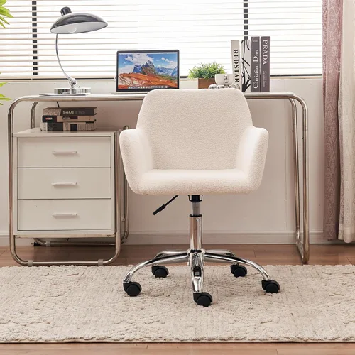Miniatura 6 de Silla moderna de piel sintética para oficina en casa, silla tapizada de piel sintética, bonita silla de escritorio peluda blanca con ruedas y base
