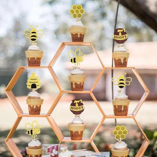 Miniatura 5 de Rsstarxi Paquete de 30 adornos para cupcakes de abejorros con purpurina dorada de panal de abeja, decoración de pasteles para revelación de género