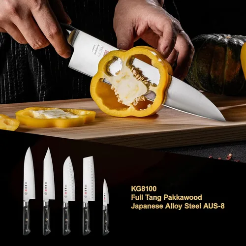 Miniatura 9 de kanngou - Cuchillo de chef japonés de 8.27 pulgadas, cuchillo de cocina Gyuto de acero de aleación AUS-8 de Japón con mango de Pakkawood de espiga