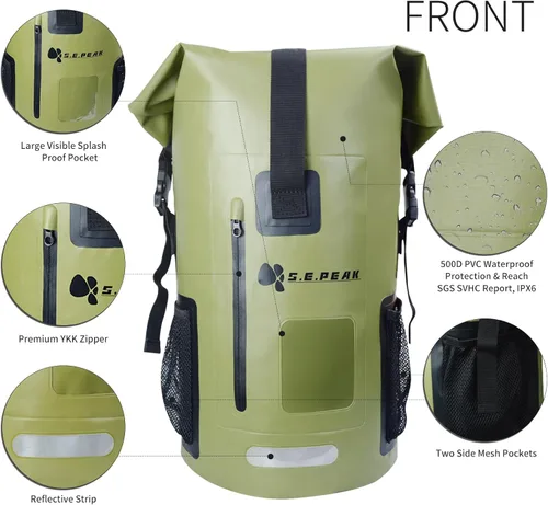 Miniatura 2 de Mochila impermeable IPX6, bolsa con cierre enrollable y accesorios de kayak, esenciales para camping, natación, playa, pesca, rafting, viajes, Verde