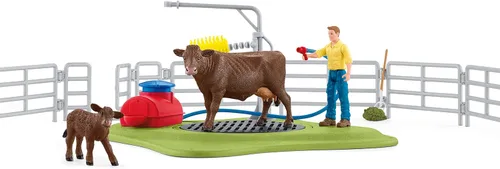 Schleich Farm World, juguetes de animales de granja para niños, Happy Cow Wash con juguetes de vaca y área de lavado de trabajo, juego de 16 piezas,