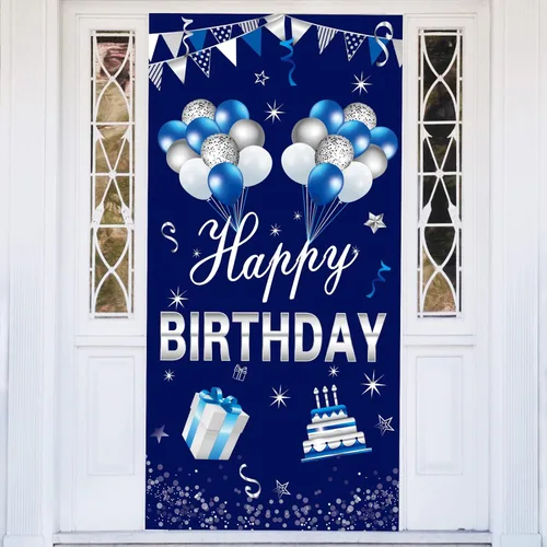 Turypaty Cartel de feliz cumpleaños azul plateado para puerta para hombres y niños, suministros de fiesta de cumpleaños 16, 21, 30, 40, 50, 60