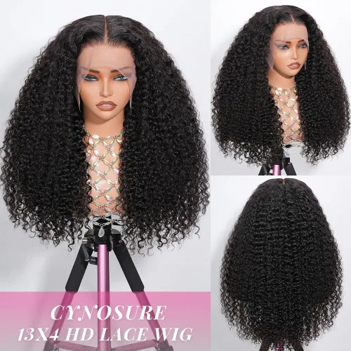 Miniatura 2 de CYNOSURE Pelucas de encaje frontal 13x4 de cabello humano prearrancado, densidad del 180%, brasileña rizada con encaje frontal, peluca con cabello
