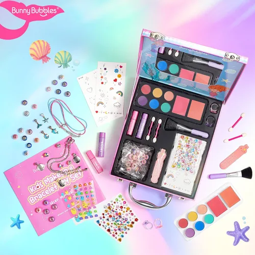 Miniatura 6 de Juegos de maquillaje para niñas – Juego de cosméticos reales lavables con fabricación de joyas para niños, kit de pulsera de maquillaje de princesa