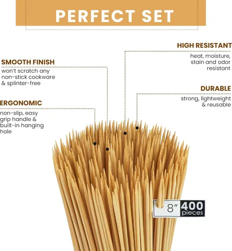 Miniatura 5 de DecorRack Brochetas de bambú natural de 8 pulgadas, 400 pinchos de madera para asar a la parrilla, barbacoa, aperitivos, frutas, smores, cóctel