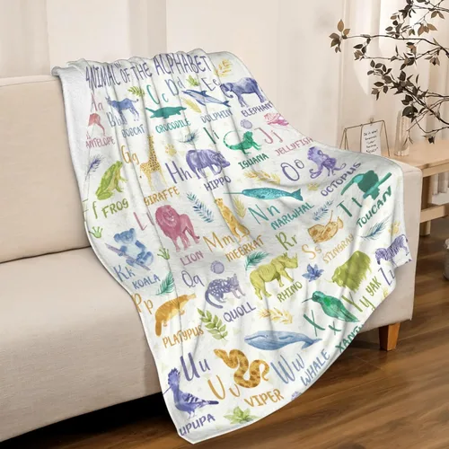 Miniatura 2 de Manta de franela con diseño del alfabeto de animales, súper suave, ligera, para niños, adultos, adecuada para sofá, cama, campamento, viajes, todas