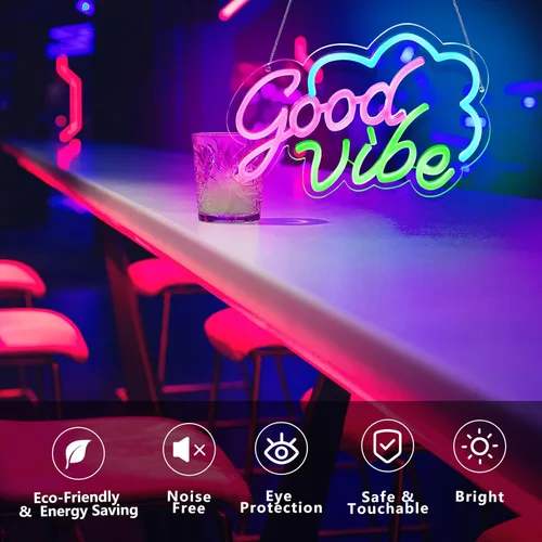 Miniatura 3 de Good Vibe - Letrero de neón con luces LED de neón rosadas, decoración de pared para dormitorio, letrero LED alimentado por USB para decoración