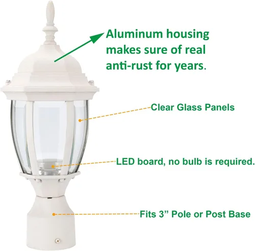 Miniatura 2 de LIT-PaTH Accesorio de iluminación LED para exteriores, farol de poste, 9.5 W, 800 lúmenes, blanco cálido de 3000 K, carcasa de aluminio más vidrio