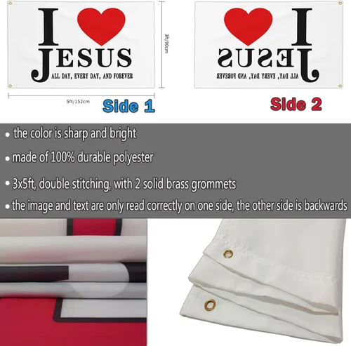 Miniatura 3 de Bandera de Jesús con texto en inglés "I Love Jesus", bandera cristiana de fe sobre el miedo de Jesús, 3 x 5 pulgadas, para exteriores, doble cara