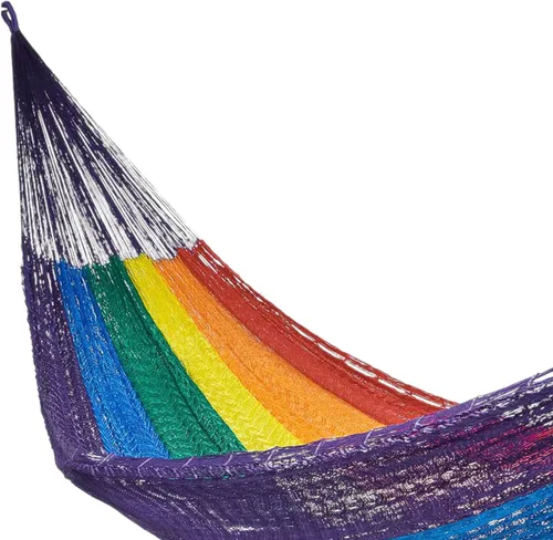 Miniatura 3 de NOVICA Hamaca de cuerda maya de nailon tejida a mano multicolor arcoíris a rayas para 1 persona, soñando con arcoíris (individual)