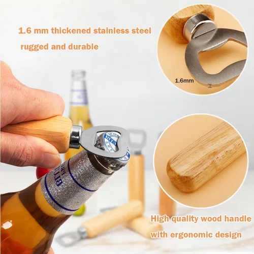 Miniatura 3 de Abrebotellas de camarero, abrebotellas de cerveza, sidra, refrescos, mango de madera de mano (juego de 6)
