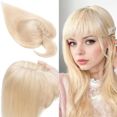 Miniatura 21 de SEGO Toppers de cabello humano 100% real, con flequillo de aire, base de seda 150% de densidad, topper con clip, 2.7 x 5.1 pulgadas, piezas