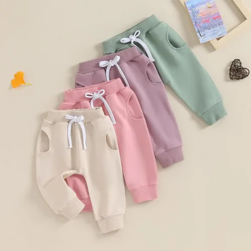 Miniatura 2 de Mubineo Pantalones deportivos básicos lisos para bebés, niños y niñas, cómodos pantalones de algodón con bolsillos
