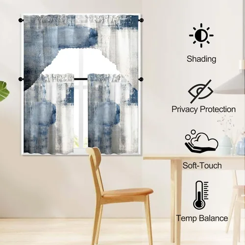 Miniatura 2 de Blue & Swag - Juego de 3 cortinas para ventana de cocina, cenefa de arte abstracto gris con bolsillo para barra para cocinas modernas