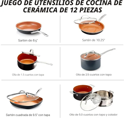Miniatura 2 de GOTHAM STEEL - Juego de 12 piezas de utensilios de cocina de cerámica antiadherente, juego de ollas y sartenes antiadherentes con vaporera