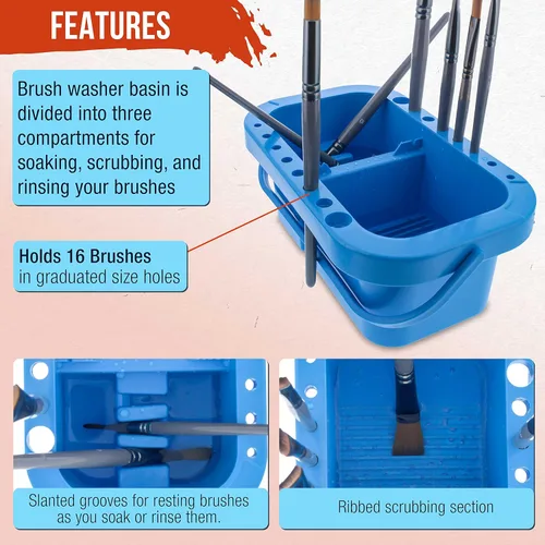 Miniatura 4 de U.S. Art Supply - Limpiador y soporte de pinceles de plástico de 16 orificios con tapa que sirve de paleta para pinturas acrílicas, acuarela y al