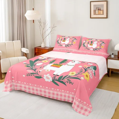 Erosebridal Lindo juego de sábanas de llama para niños y niñas, juego de sábanas de animales de cactus verde, juego de sábanas de búfalo rosa,