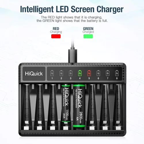 Miniatura 4 de HiQuick Cargador inteligente de 8 bahías con batería recargable AA AAA, 4 pilas AA de 2800 mAh y 4 pilas AAA de 1100 mAh, carga rápida