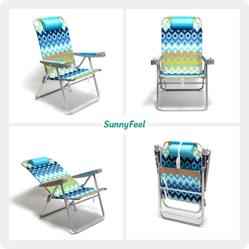 Miniatura 7 de SUNNYFEEL Silla de Playa Plegable Extra Ancha de 28", 5 Posiciones Completamente Reclinable, Silla de Camping Portátil de 17" de Alto con Portavasos