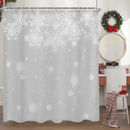 Miniatura 2 de DYNH Juego de cortinas de ducha con fondo de Navidad, diseño de copo de nieve blanco y plateado, cortinas de baño de tela de alta calidad